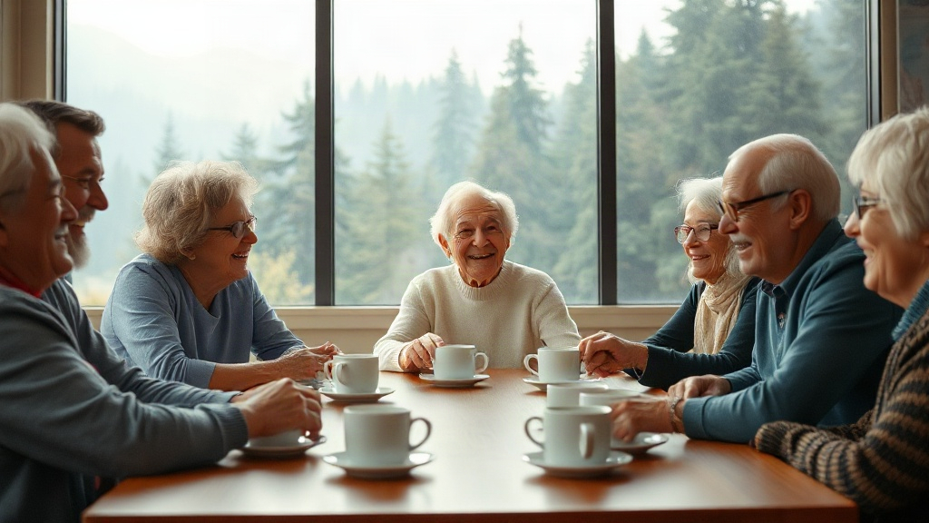 Seniors enjoying coffee together at their centre (AI-generated illustration)